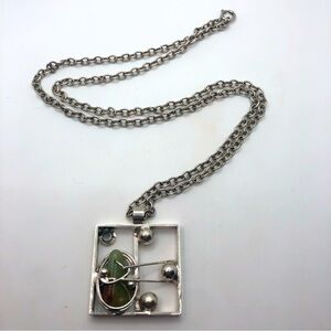 Vtg Wiggers Denmark Handmade Jade Brutalist Silver Plate Necklace 28” + 1.8”